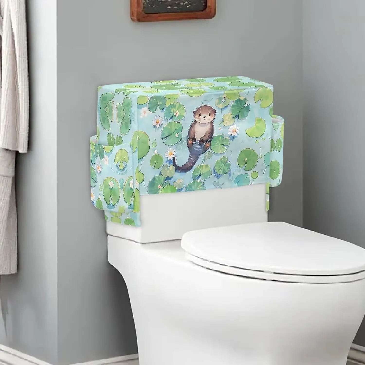 Bathroom Storage Toilet Tank Cover with Extra 2 Storage Bag Bathroom Decor Accessories Perfect for Rentals Small Bathrooms, Otter Lotus Leaf
