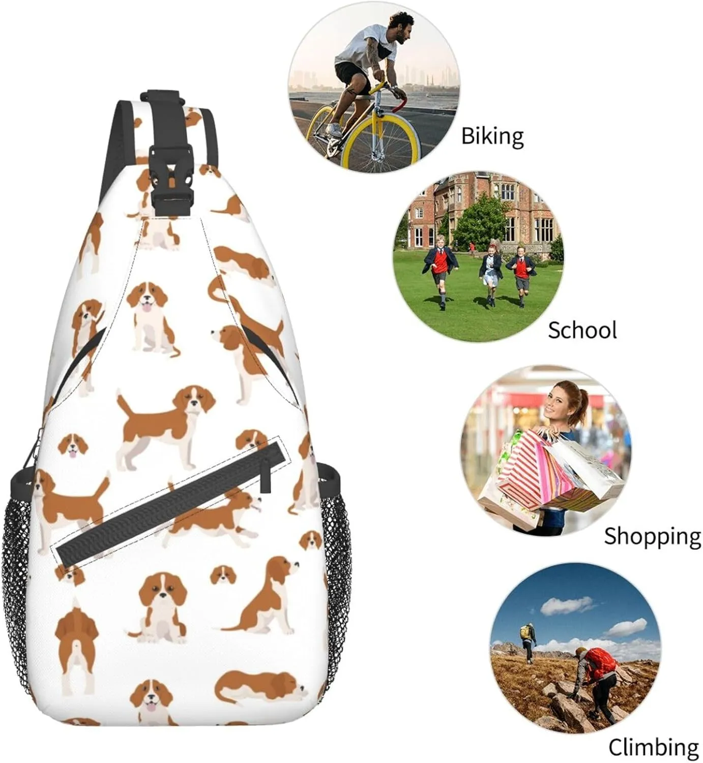 Beagle Puppy Dog Poses Small Sling Bag for Women Men Crossbody Backpack Casual Hiking Daypack Shoulder Chest Bag with Adjustable Strap