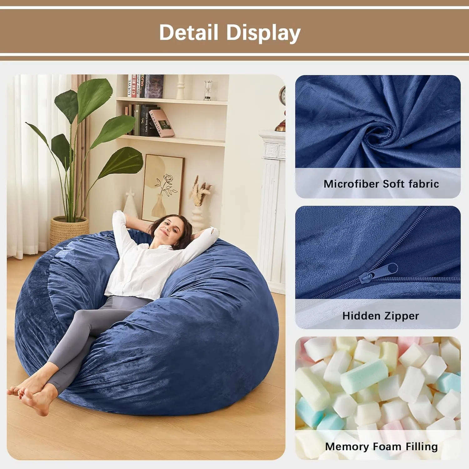 Bean Bag Chairs for Kids - Memory Foam Furniture BeanBag Chair - Kids/Teens Sofa with Soft Micro Fiber Cover - Round Fluffy Couch for Living Room Bedroom College Dorm - 2 ft, Navy