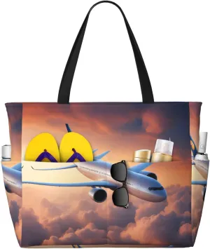 Beautiful Sky Airplane Print Stylish Beach Tote Bag,Large Capacity Handbag,Perfect For Women'S Vacation And Daily Use