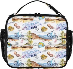 Bike Trailer Car Lunch Box Mountains Backpacks Postal Marks Meal Tote Kids Lunch Bag Insulated Reusable Cooler Soft Shoulder Bag Mini Cooling Back to School