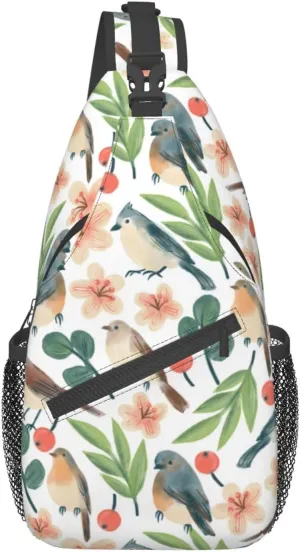 Birds Twigs Flowers Berries Sling Bag for Women Men Crossbody Sling Backpack Cycling Hiking Daypack Chest Shoulder Bag with Adjustable Strap