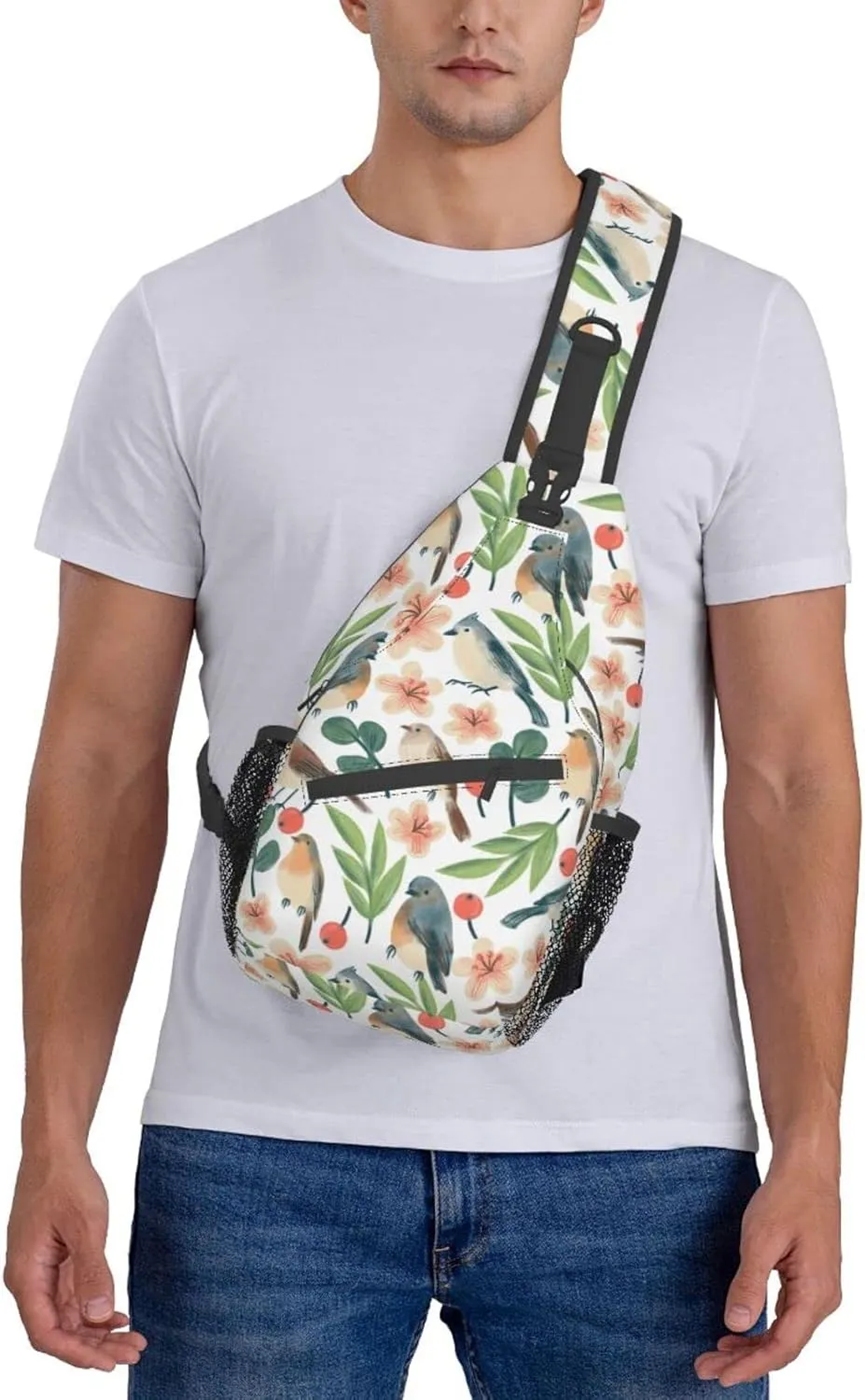 Birds Twigs Flowers Berries Sling Bag for Women Men Crossbody Sling Backpack Cycling Hiking Daypack Chest Shoulder Bag with Adjustable Strap