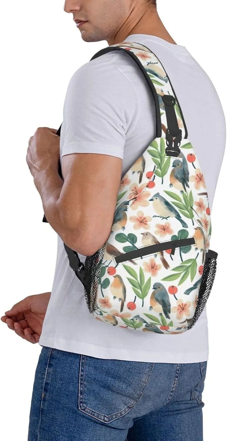Birds Twigs Flowers Berries Sling Bag for Women Men Crossbody Sling Backpack Cycling Hiking Daypack Chest Shoulder Bag with Adjustable Strap