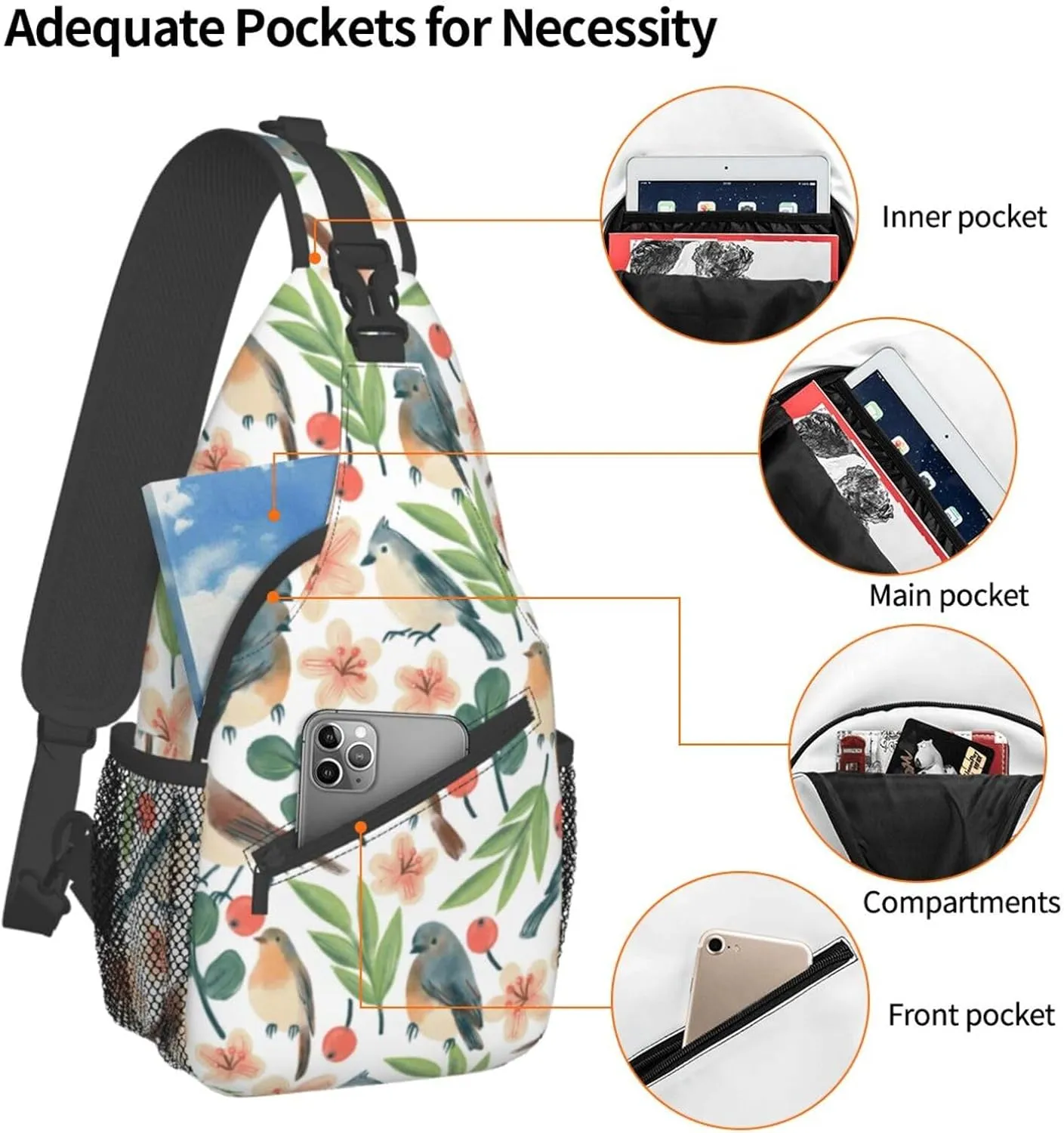 Birds Twigs Flowers Berries Sling Bag for Women Men Crossbody Sling Backpack Cycling Hiking Daypack Chest Shoulder Bag with Adjustable Strap
