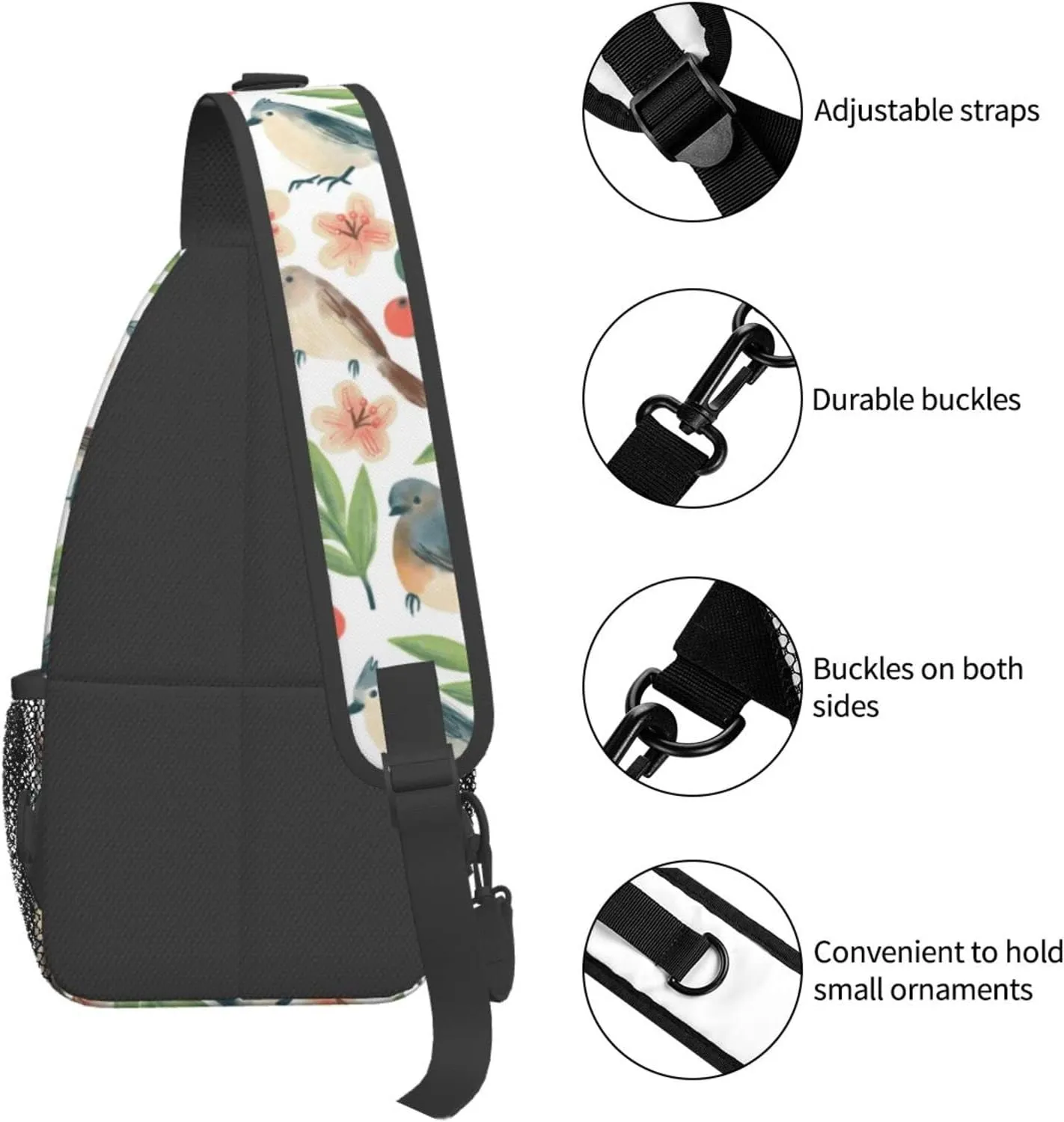 Birds Twigs Flowers Berries Sling Bag for Women Men Crossbody Sling Backpack Cycling Hiking Daypack Chest Shoulder Bag with Adjustable Strap