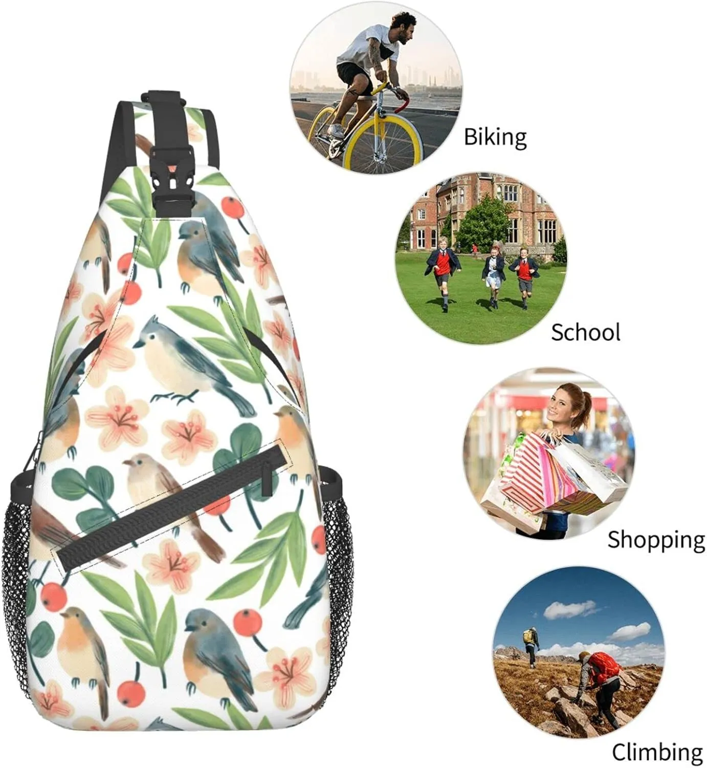Birds Twigs Flowers Berries Sling Bag for Women Men Crossbody Sling Backpack Cycling Hiking Daypack Chest Shoulder Bag with Adjustable Strap