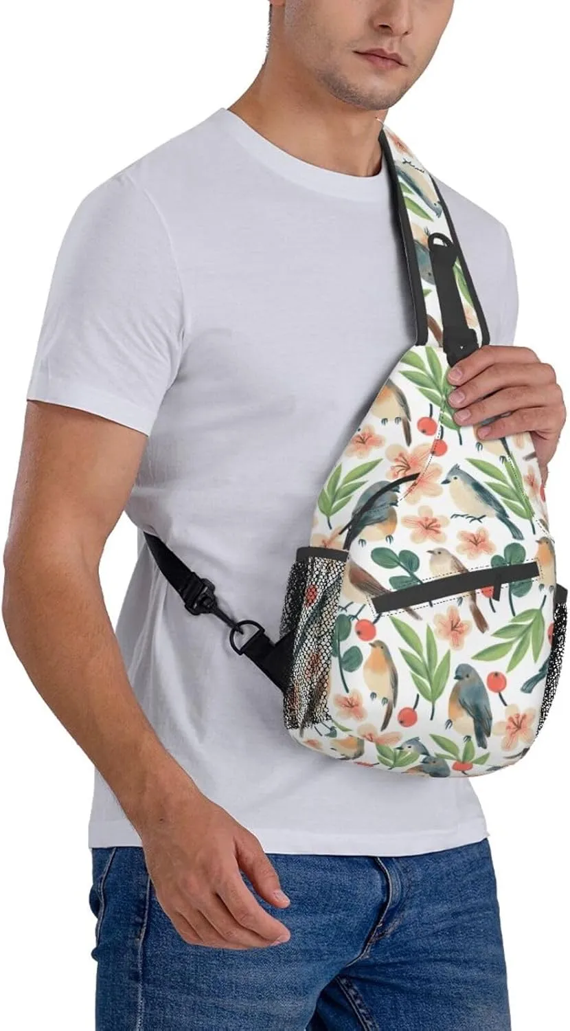 Birds Twigs Flowers Berries Sling Bag for Women Men Crossbody Sling Backpack Cycling Hiking Daypack Chest Shoulder Bag with Adjustable Strap