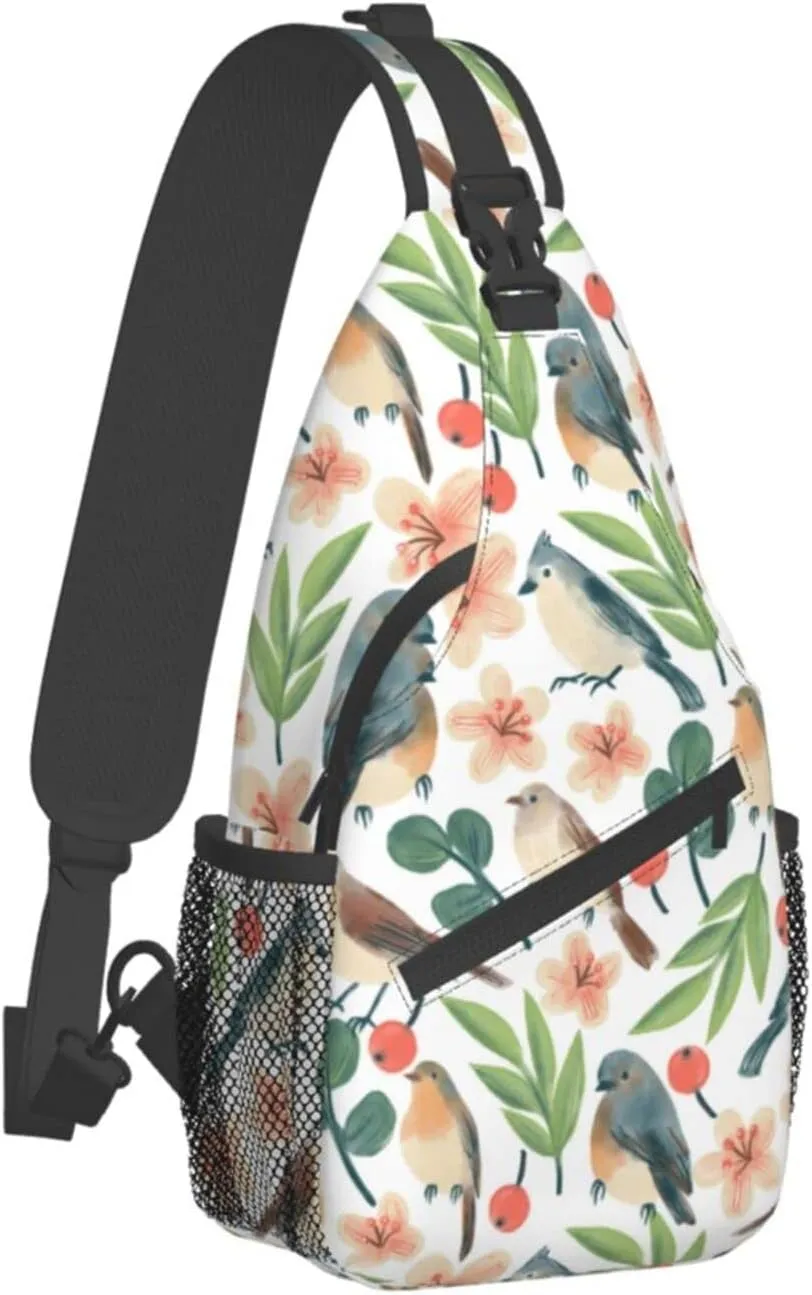 Birds Twigs Flowers Berries Sling Bag for Women Men Crossbody Sling Backpack Cycling Hiking Daypack Chest Shoulder Bag with Adjustable Strap