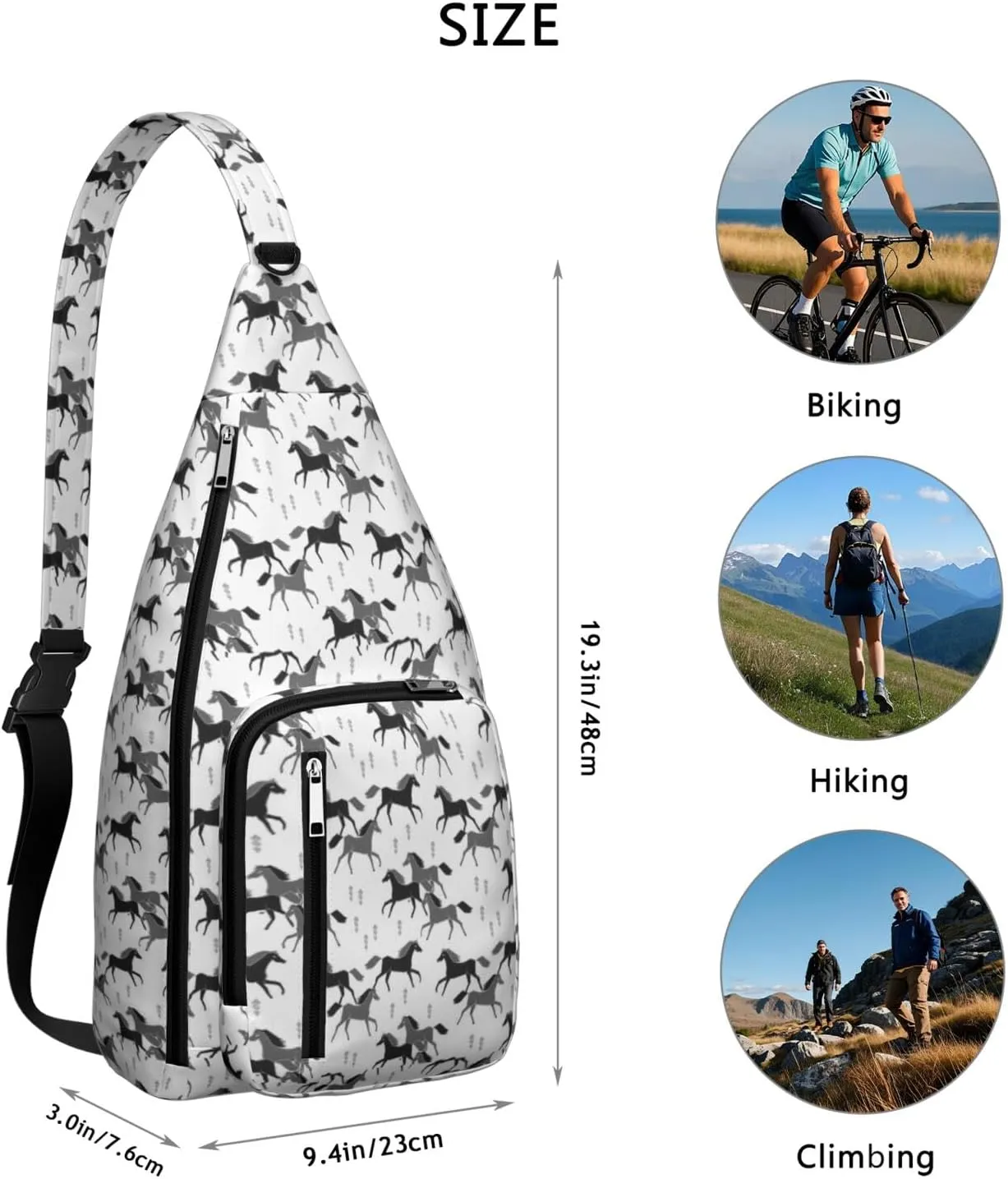 Black and Grey Horses Crossbody Bag Daypack for Women Men Lightweight Waterproof Sling Bag Backpack Hiking Cycling