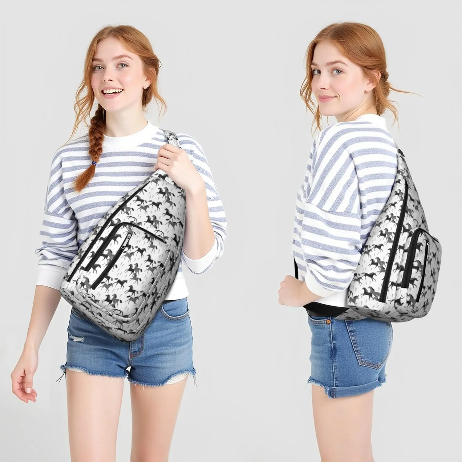 Black and Grey Horses Crossbody Bag Daypack for Women Men Lightweight Waterproof Sling Bag Backpack Hiking Cycling