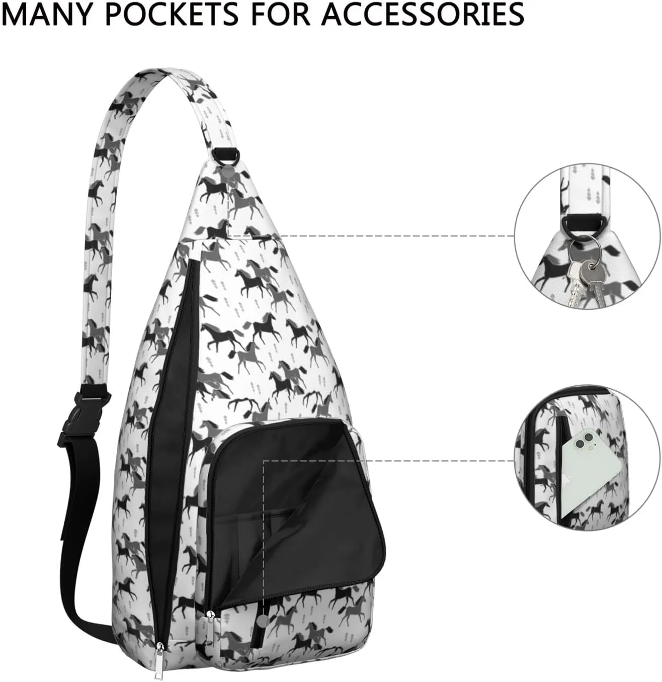 Black and Grey Horses Crossbody Bag Daypack for Women Men Lightweight Waterproof Sling Bag Backpack Hiking Cycling