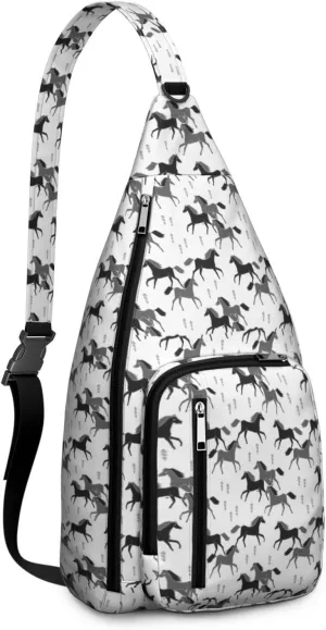 Black and Grey Horses Crossbody Bag Daypack for Women Men Lightweight Waterproof Sling Bag Backpack Hiking Cycling