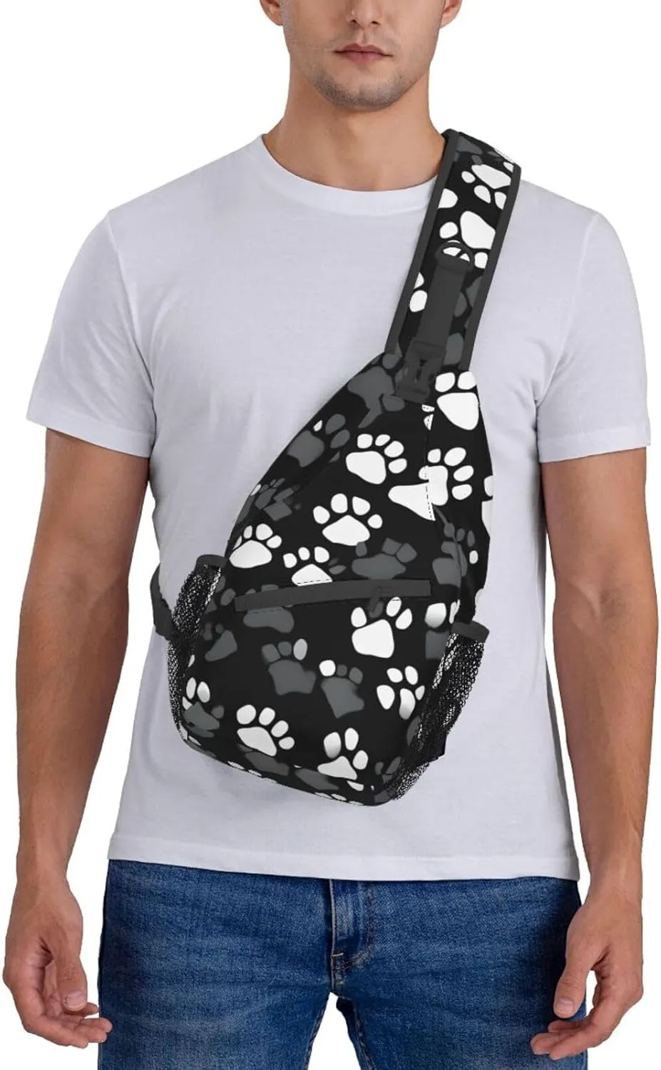 Black and white Paw Print Print Sling Backpack, Sling Bag, Crossbody Chest Bag Daypack, for Hiking Travel