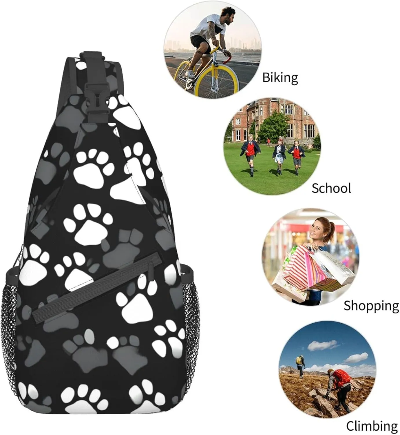 Black and white Paw Print Print Sling Backpack, Sling Bag, Crossbody Chest Bag Daypack, for Hiking Travel