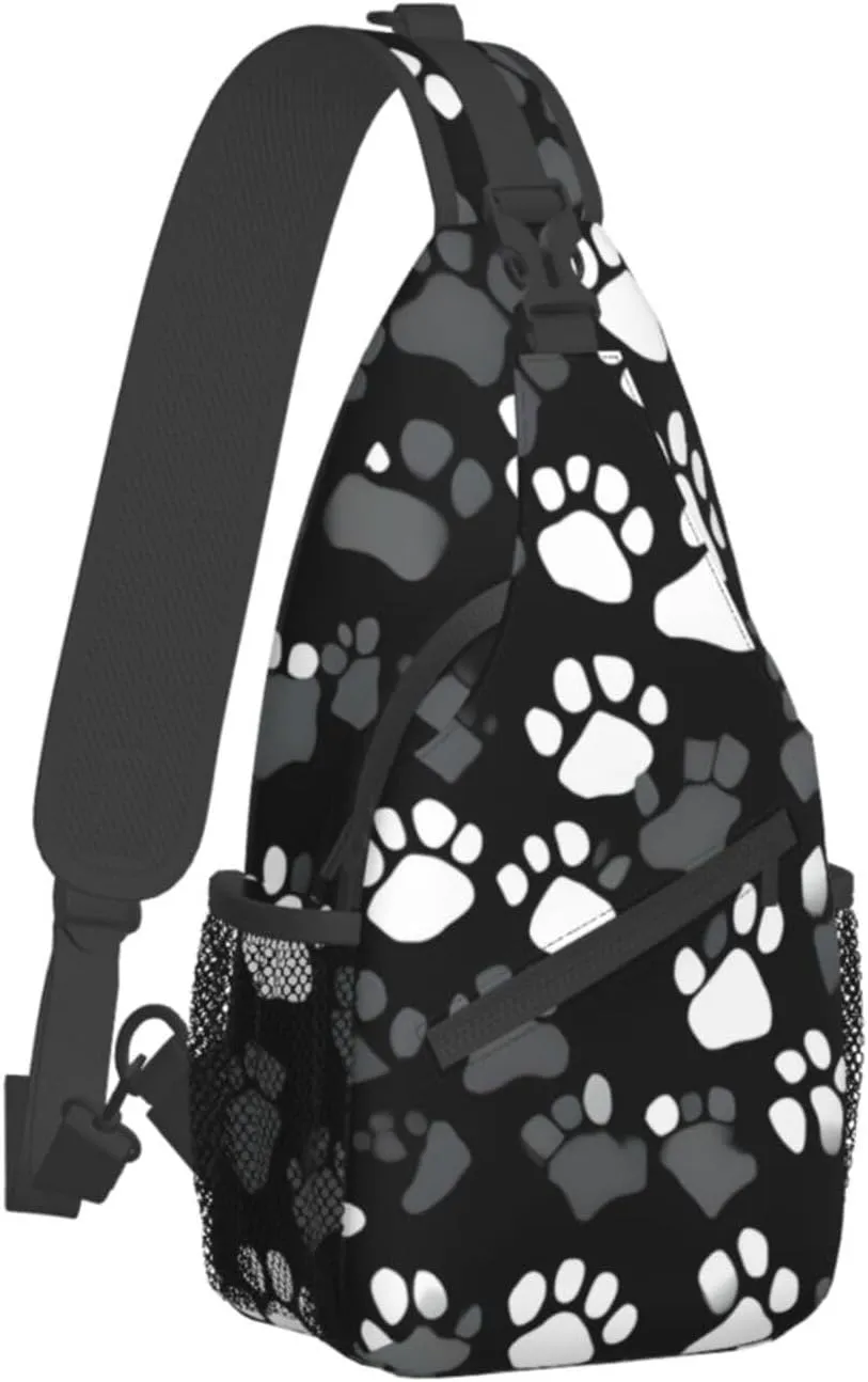 Black and white Paw Print Print Sling Backpack, Sling Bag, Crossbody Chest Bag Daypack, for Hiking Travel