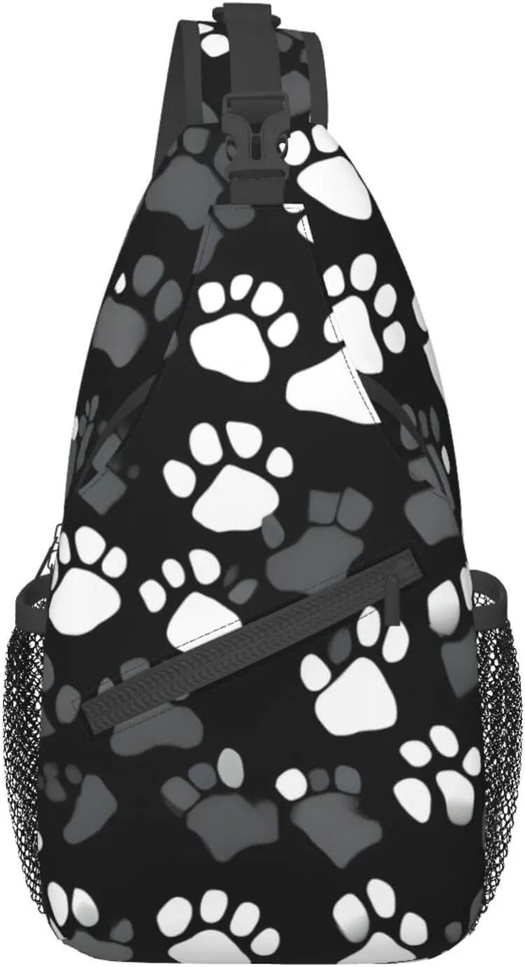 Black and white Paw Print Print Sling Backpack, Sling Bag, Crossbody Chest Bag Daypack, for Hiking Travel