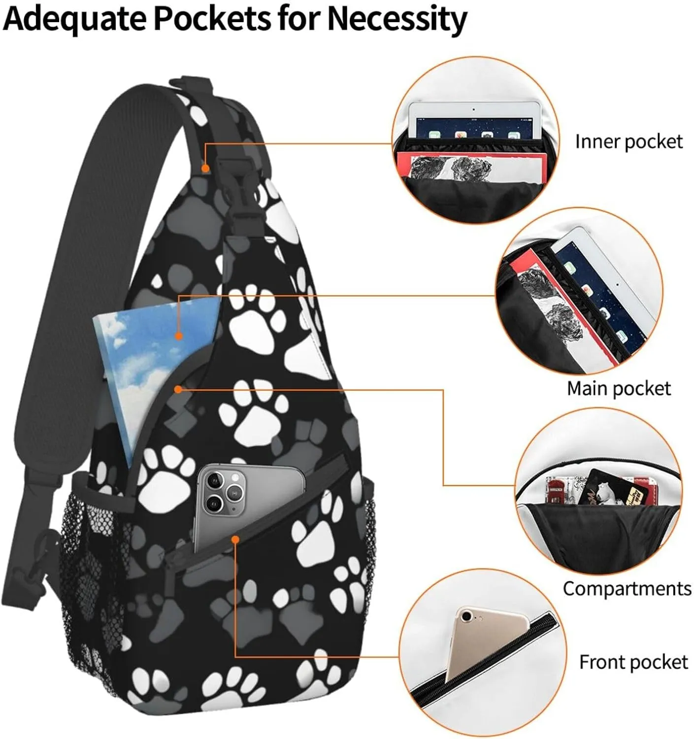Black and white Paw Print Print Sling Backpack, Sling Bag, Crossbody Chest Bag Daypack, for Hiking Travel