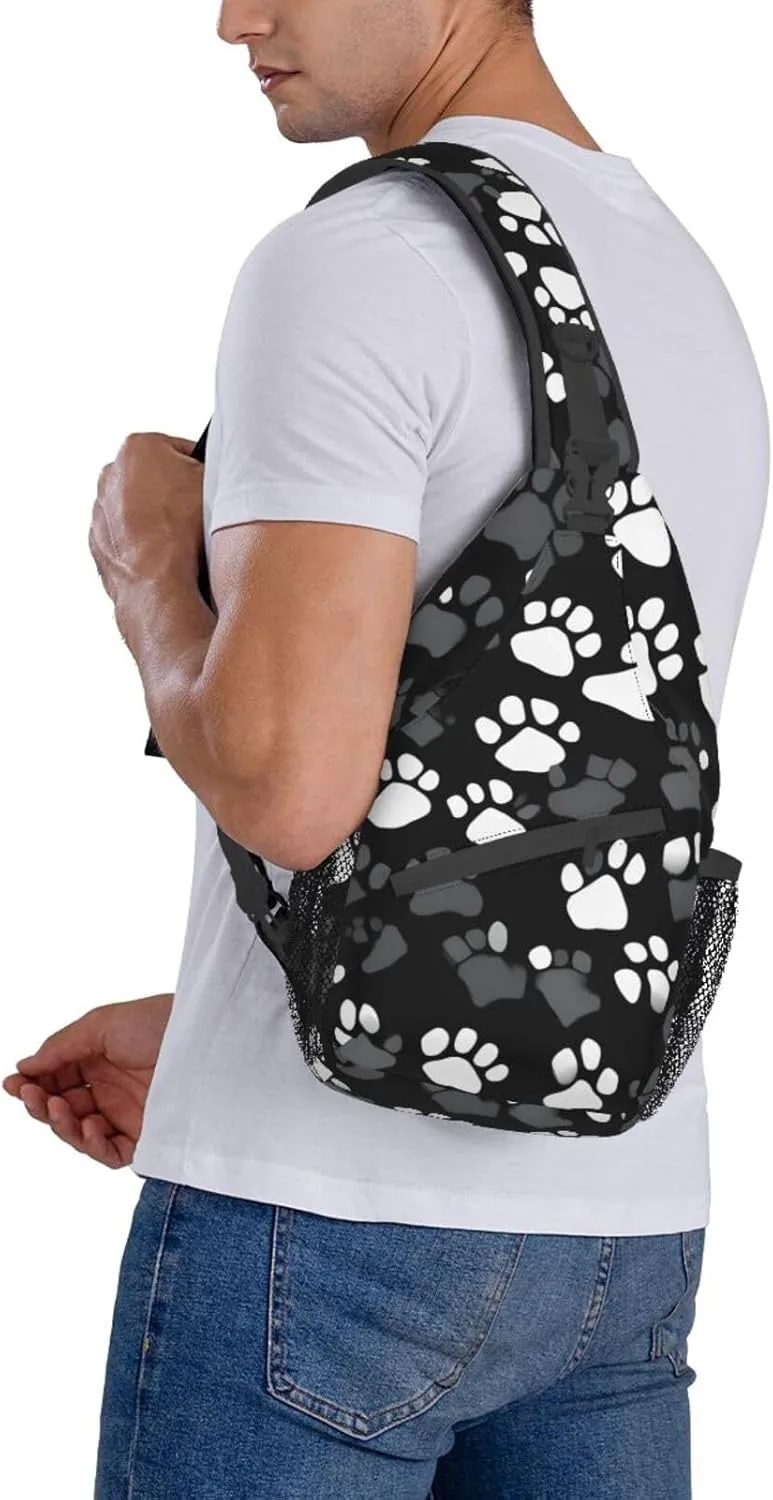 Black and white Paw Print Print Sling Backpack, Sling Bag, Crossbody Chest Bag Daypack, for Hiking Travel