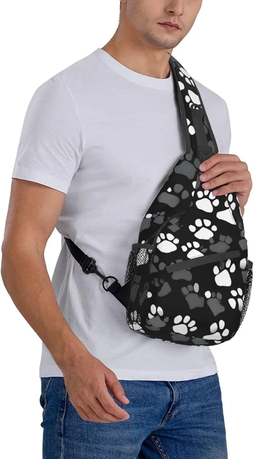 Black and white Paw Print Print Sling Backpack, Sling Bag, Crossbody Chest Bag Daypack, for Hiking Travel