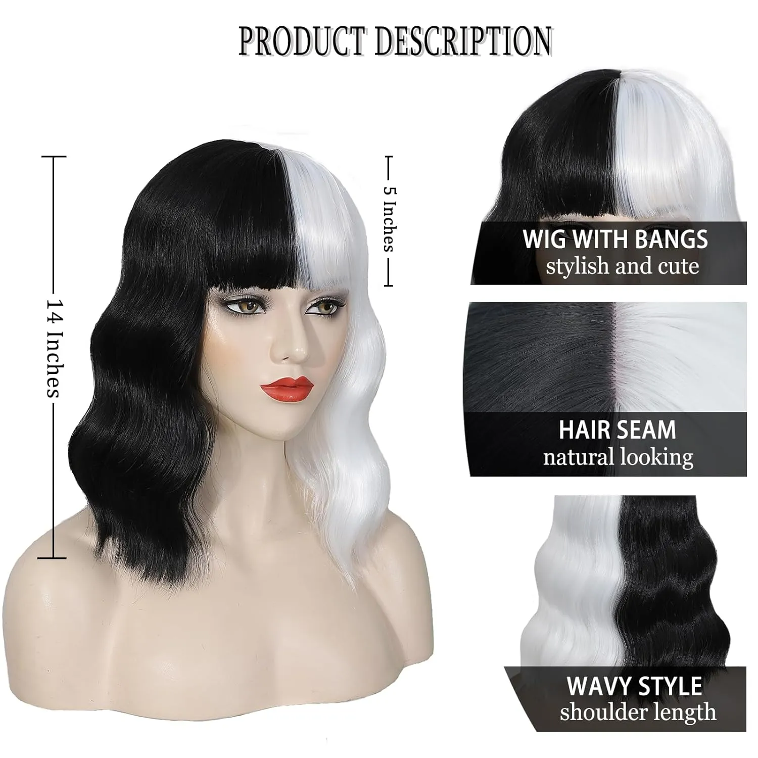 Black and White Wig Short Bob Wig with Bangs for Women Loose Wavy Bob Wigs Shoulder Length Synthetic Colorful Wigs Cosplay Halloween Cruella Deville Costume
