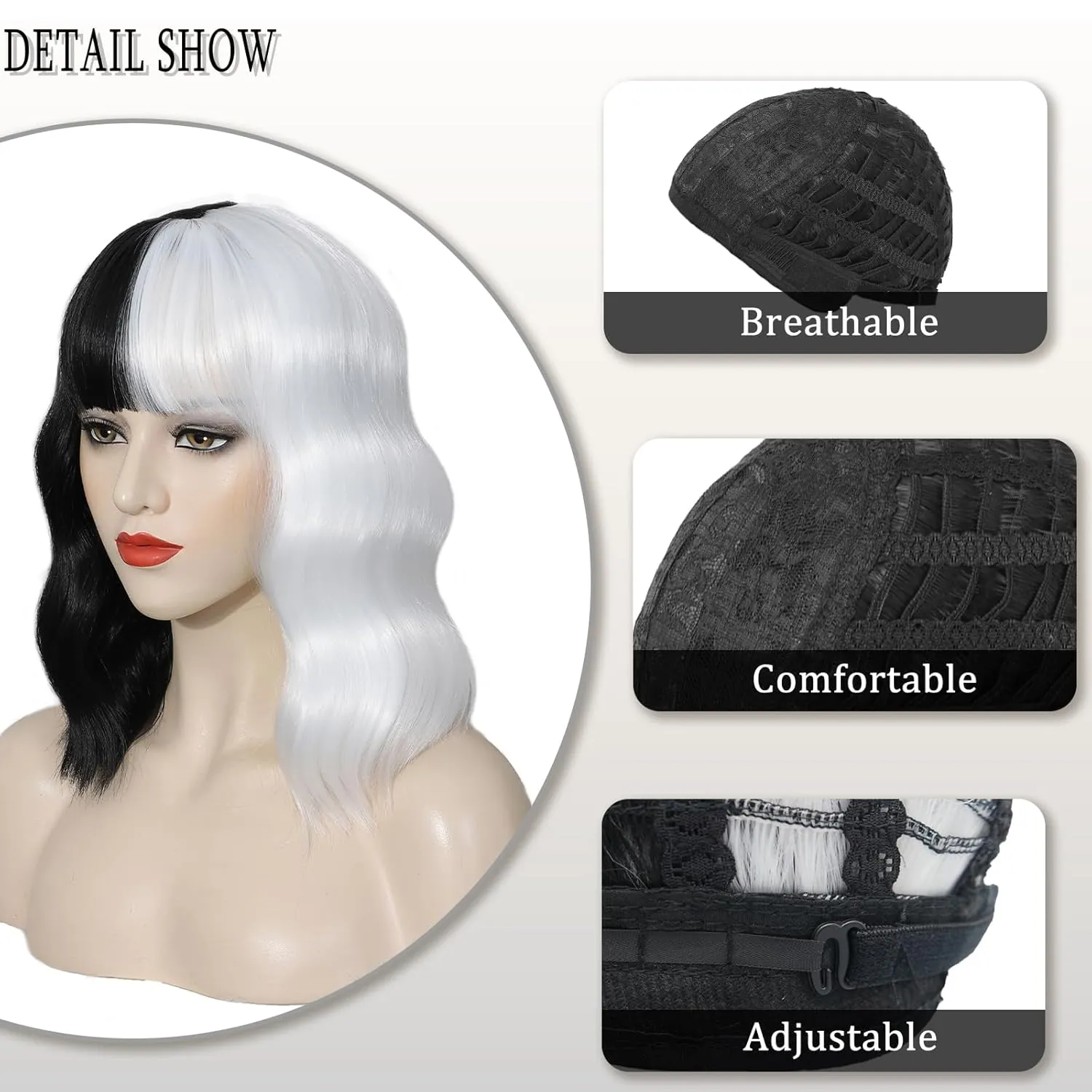 Black and White Wig Short Bob Wig with Bangs for Women Loose Wavy Bob Wigs Shoulder Length Synthetic Colorful Wigs Cosplay Halloween Cruella Deville Costume