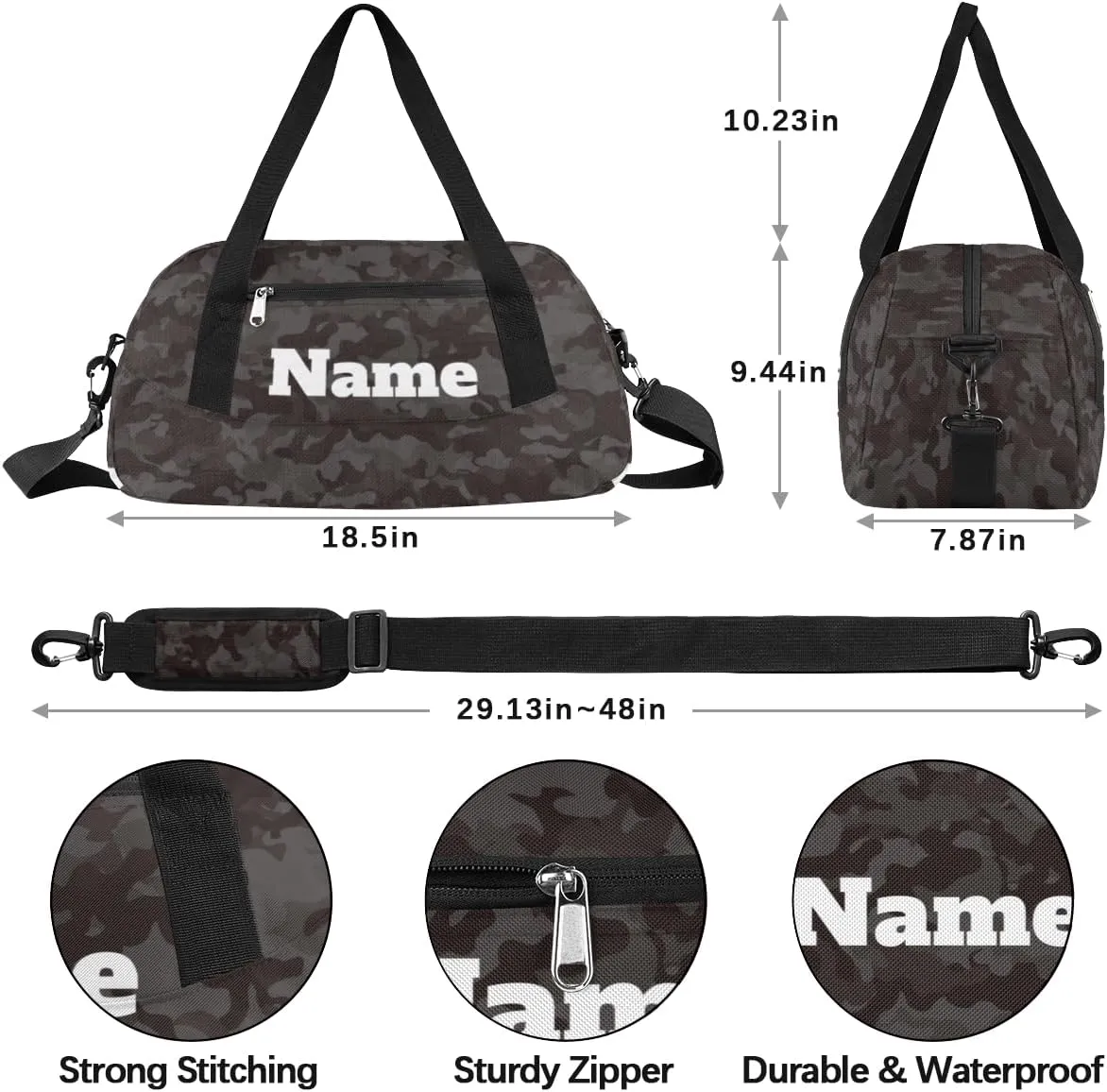 Black Camouflage Custom Name Kids Duffel Bags Personalized Customized Gifts Sports Gym Bag Girls Dance Bag Overnight Weekender Sleepover Carry On Travel Tote Bag for Boys Girls