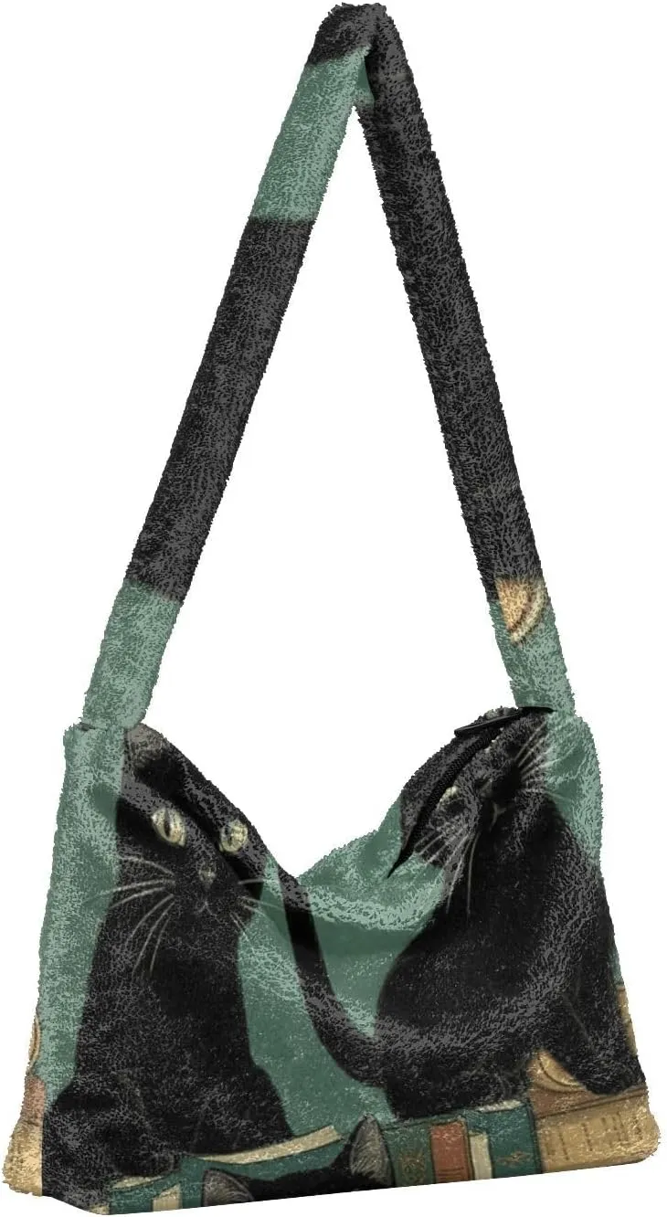 Black Dog on Retro Red Shoulder Tote Bag, Handbag with Zipper, Womens Outdoor Bag
