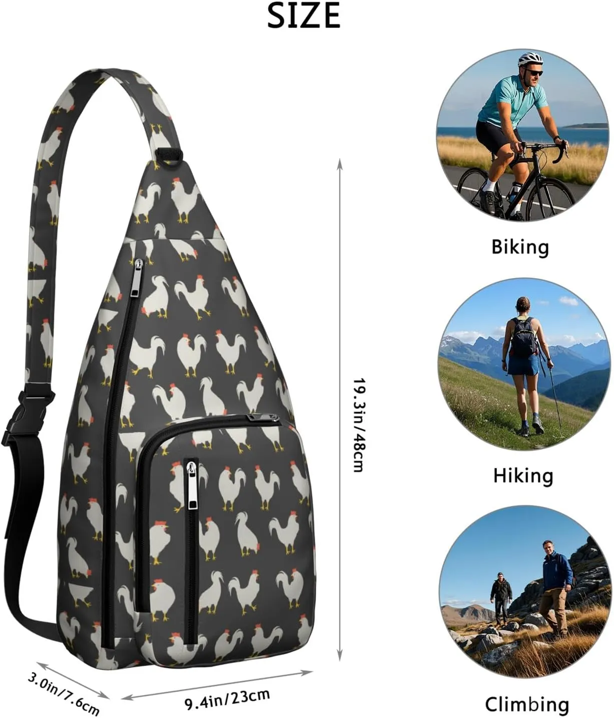 Black Farm Rooster Sign Crossbody Bag Daypack for Women Men Lightweight Waterproof Sling Bag Backpack Hiking Cycling
