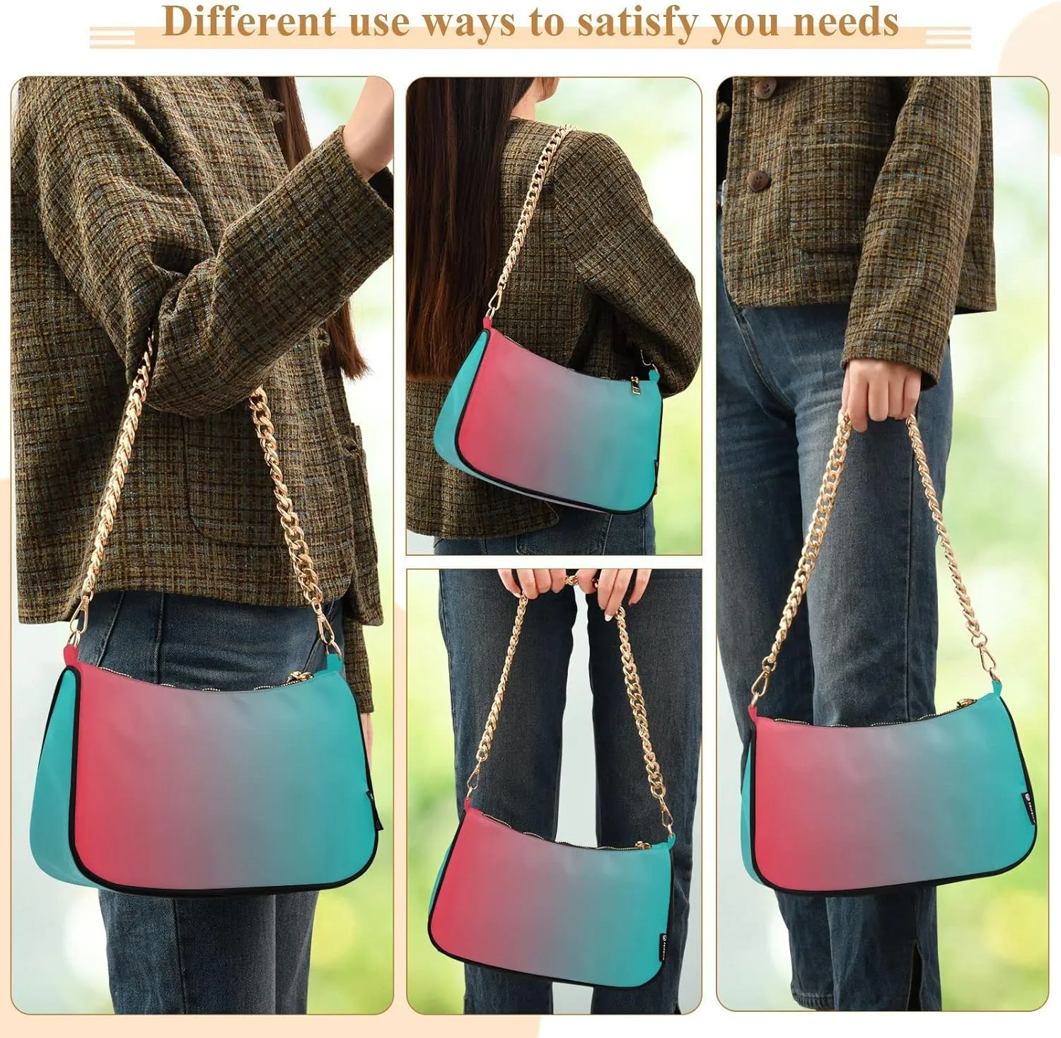 Black Red Gradient Shoulder Bag for Women Fabric Crescent Handbag with Zipper Chain Clutch Purses