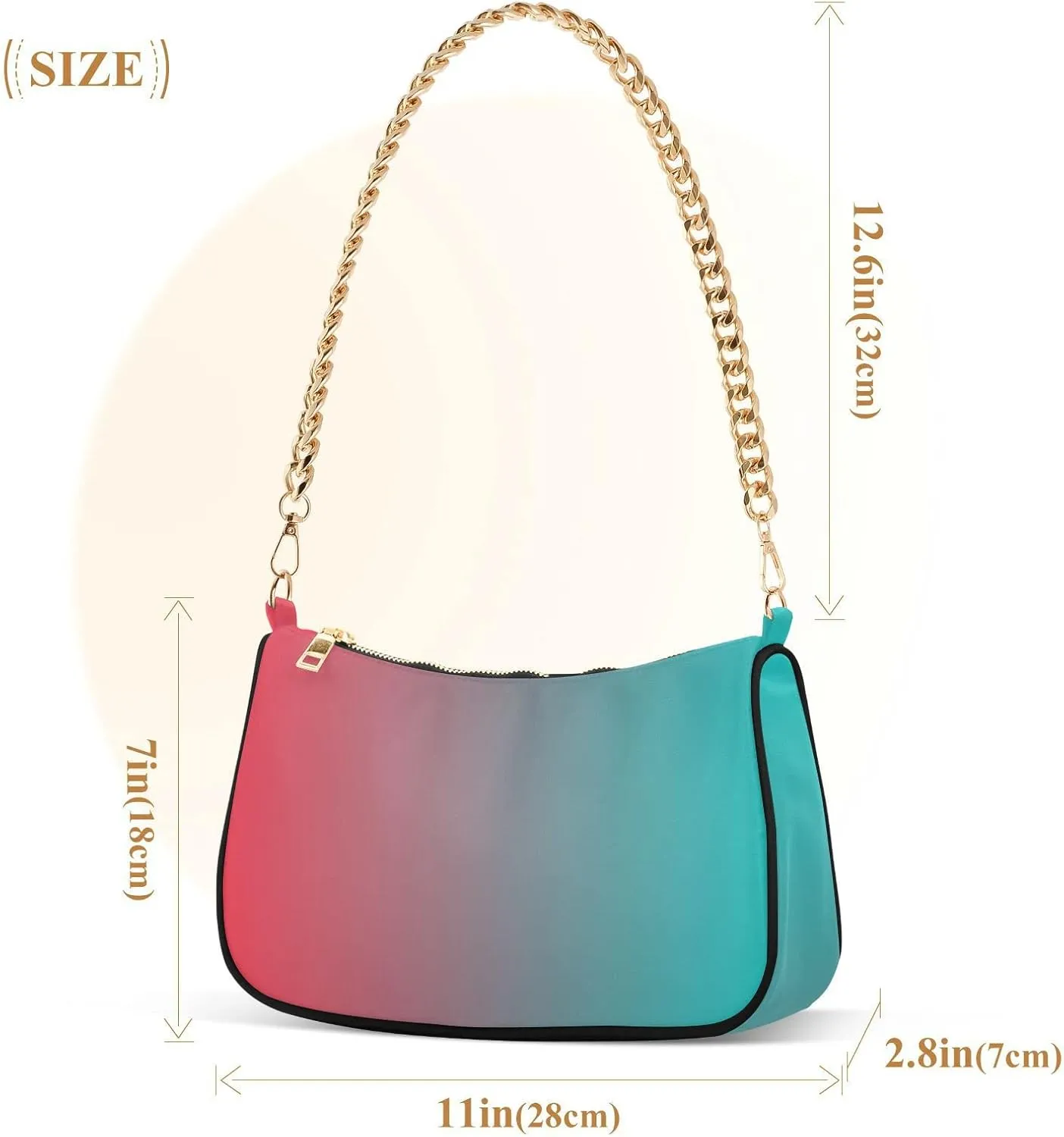 Black Red Gradient Shoulder Bag for Women Fabric Crescent Handbag with Zipper Chain Clutch Purses