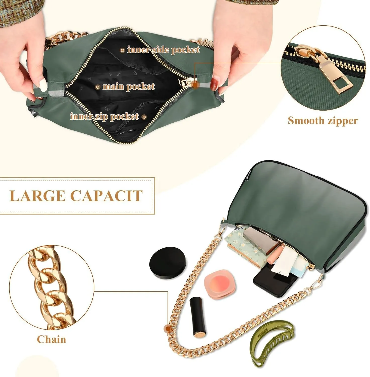 Black Red Gradient Shoulder Bag for Women Fabric Crescent Handbag with Zipper Chain Clutch Purses
