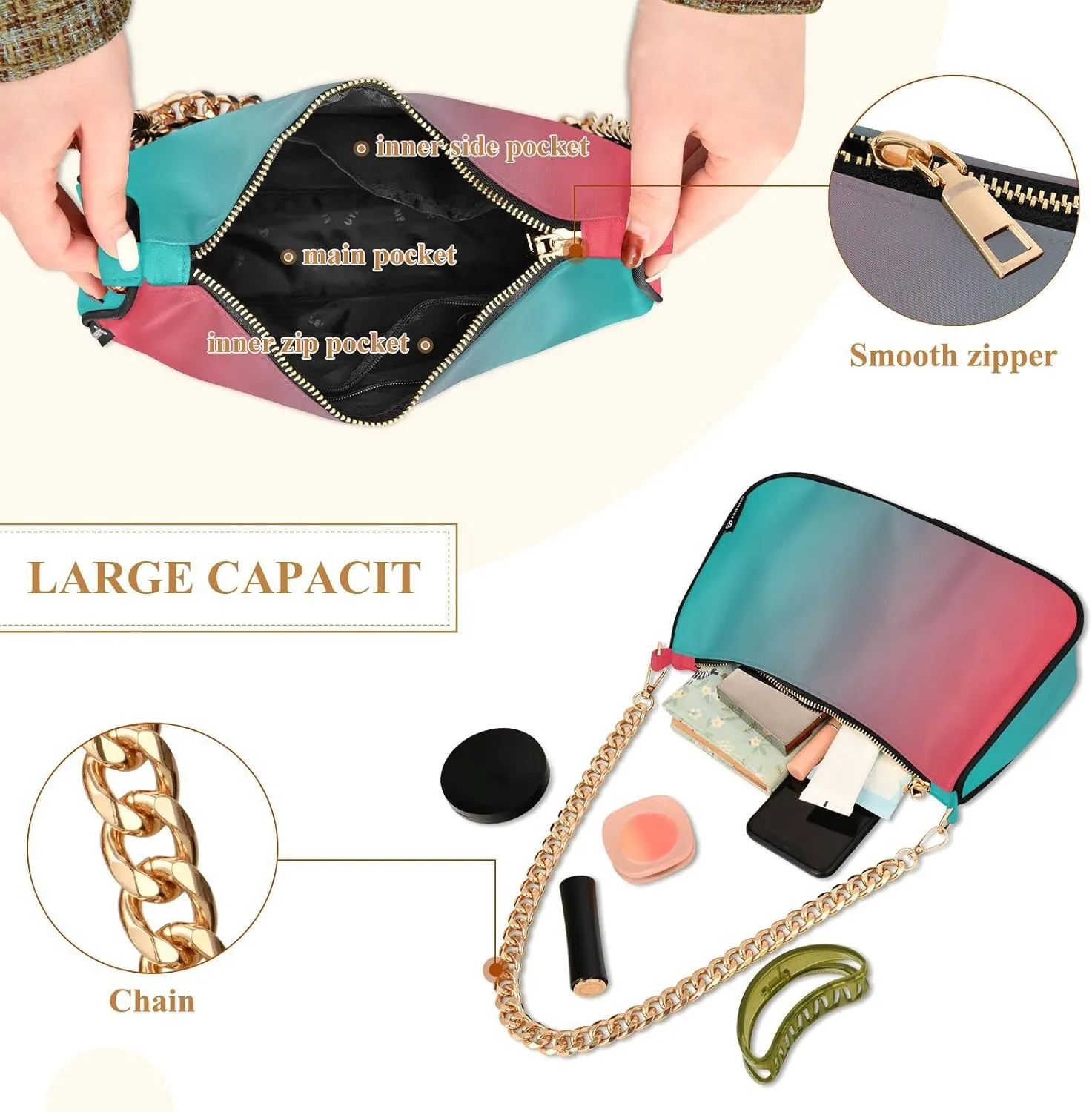 Black Red Gradient Shoulder Bag for Women Fabric Crescent Handbag with Zipper Chain Clutch Purses