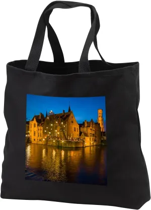 Black Tote Bag 14w x 14h x 3d - Belgium, Bruges. Town skyline from the canal Cities