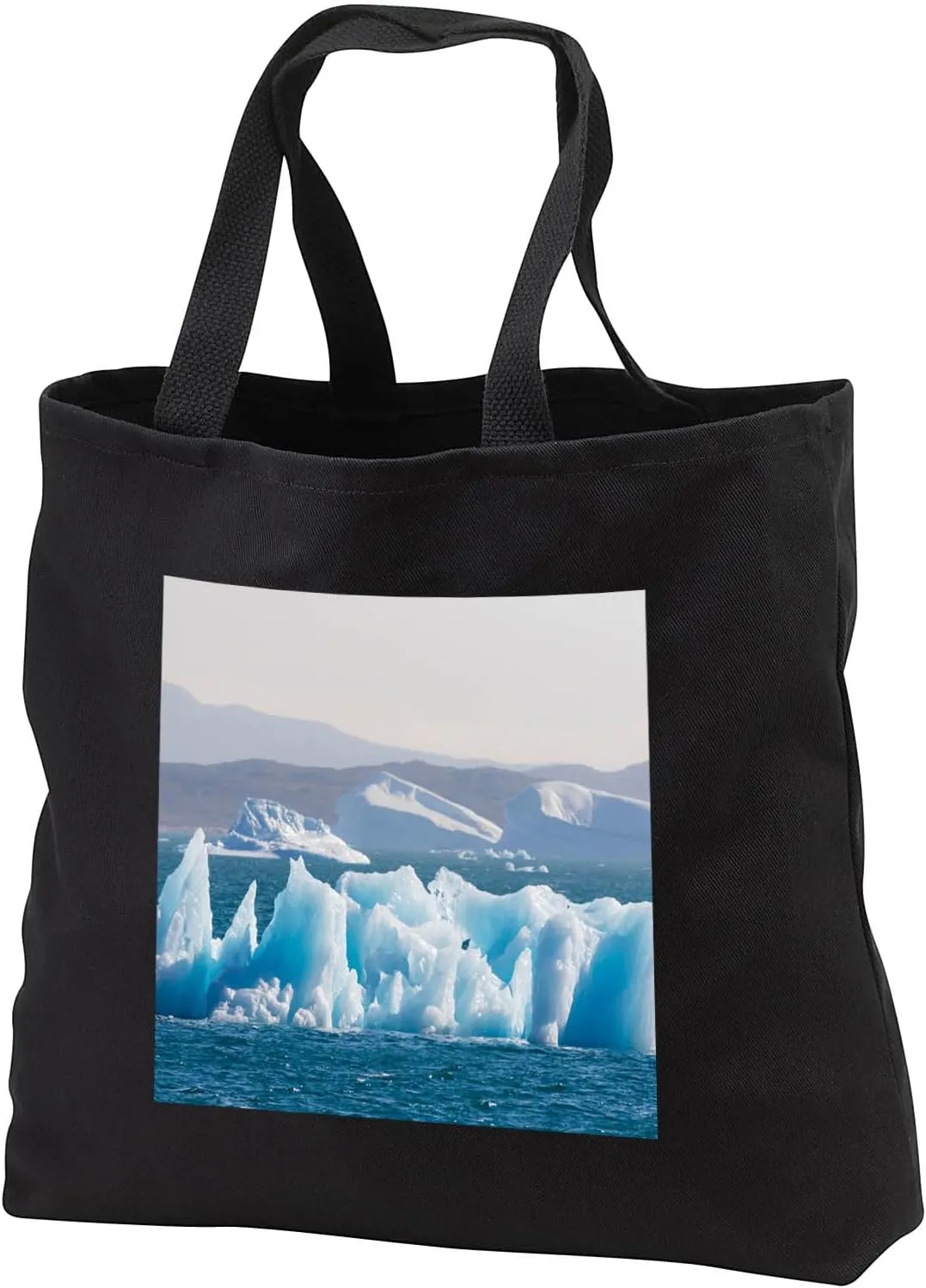 Black Tote Bag 14w x 14h x 3d - Landscape of drifting icebergs, Greenland, Denmark Icebergs