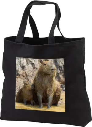 Black Tote Bag JUMBO 20w x 15h x 5d - Brazil. A capybara sitting in muddy water with its offspring. Baby animals