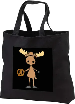 Black Tote Bag JUMBO 20w x 15h x 5d - Funny Cute Big headed Moose eating Pretzel Cartoon Animals
