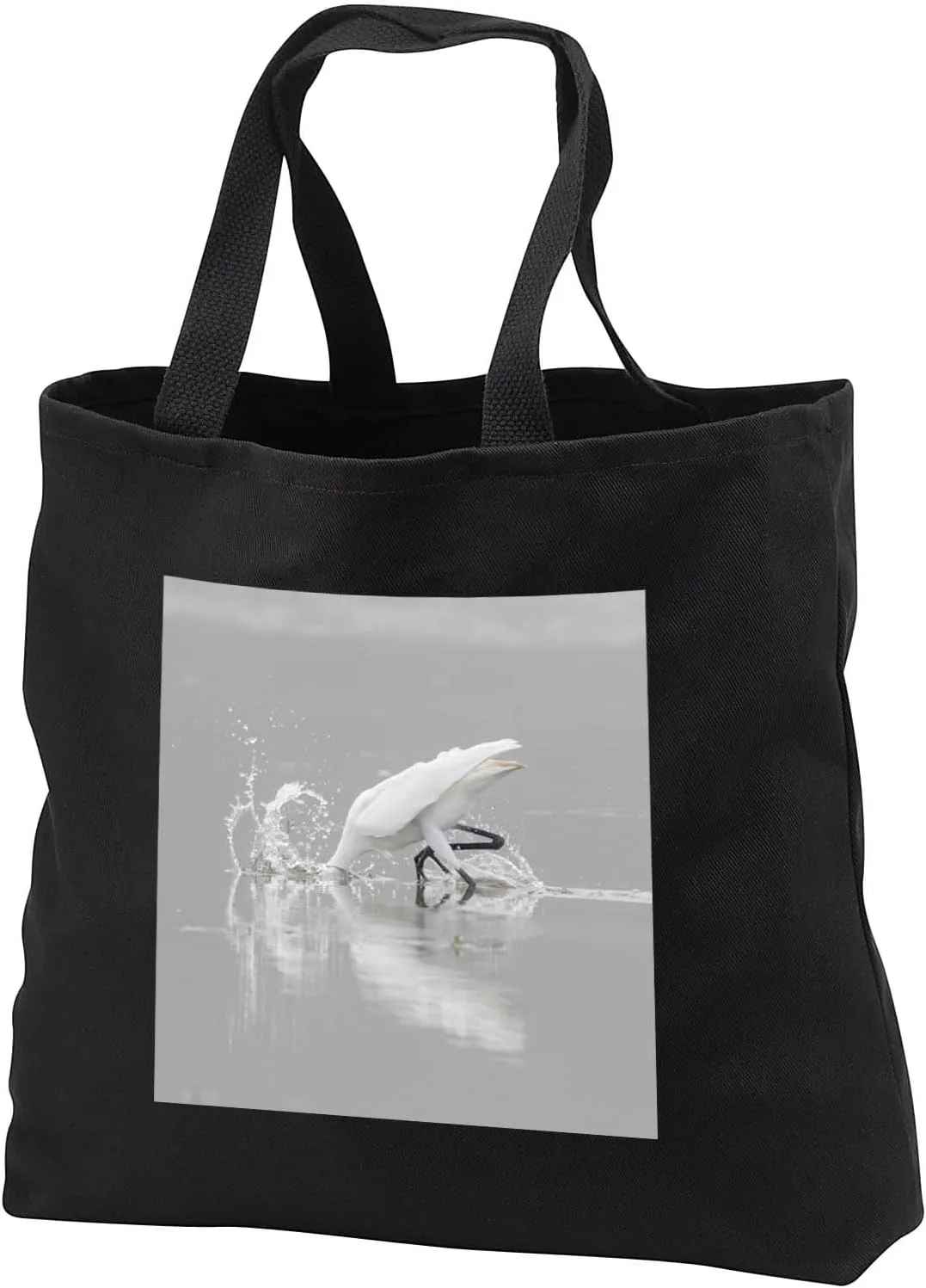 Black Tote Bag JUMBO 20w x 15h x 5d - Great Egret feeding in wetland in fog, Marion County, Illinois Birds