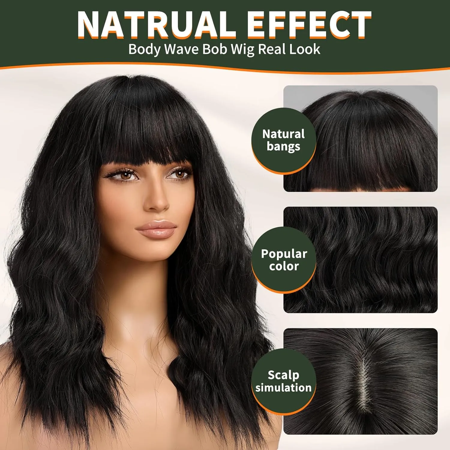 Black Wig with Bangs,Black Wavy Wigs for Women,Shoulder Length Curly Synthetic Hair Wig for Party Daily Use 18IN…