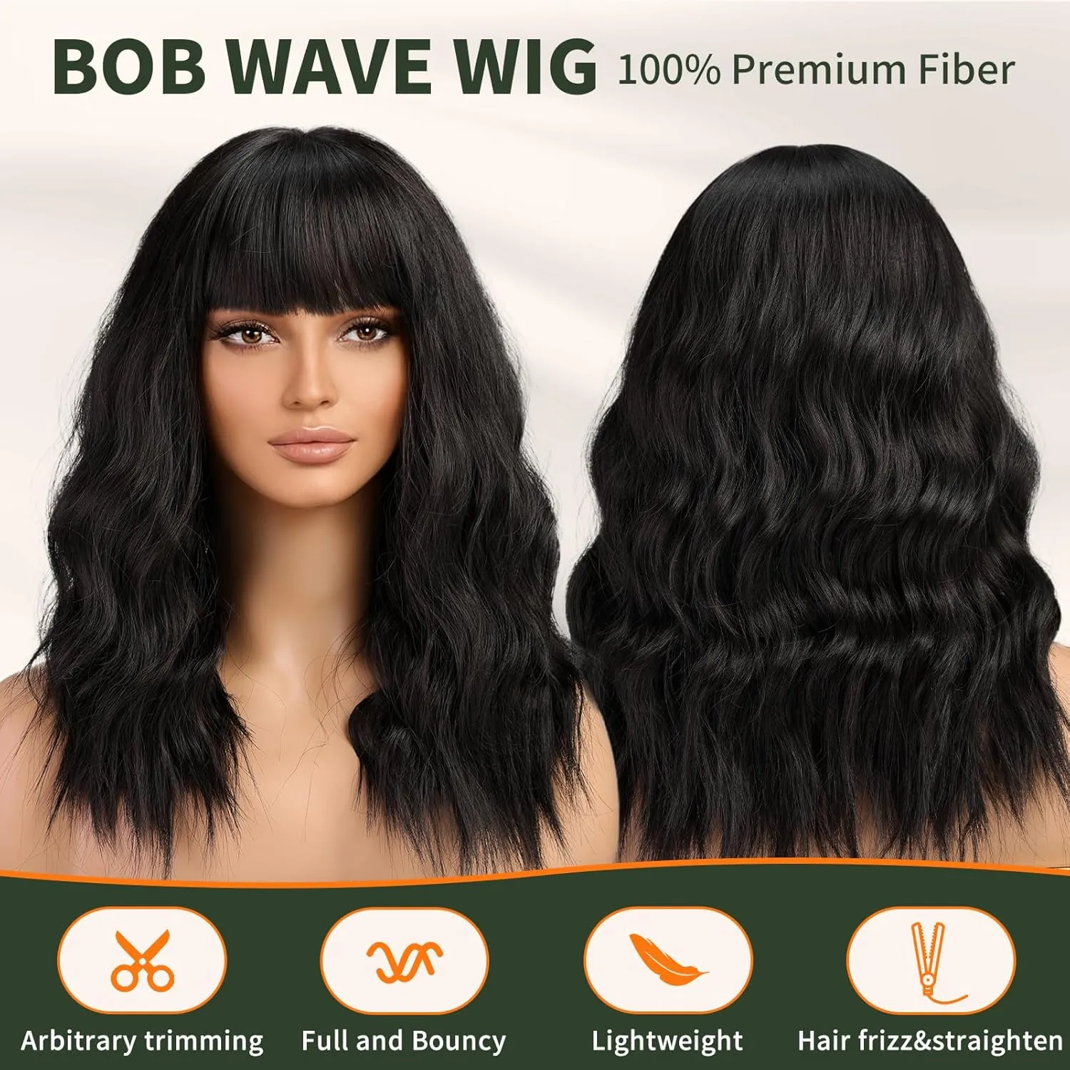 Black Wig with Bangs,Black Wavy Wigs for Women,Shoulder Length Curly Synthetic Hair Wig for Party Daily Use 18IN…