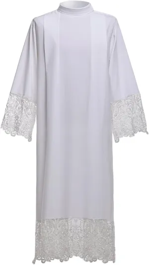 BLESSUME Priest Clergy Alb Liturgical Church Garment Cross Lace Pleated Alb (X-Large, White)