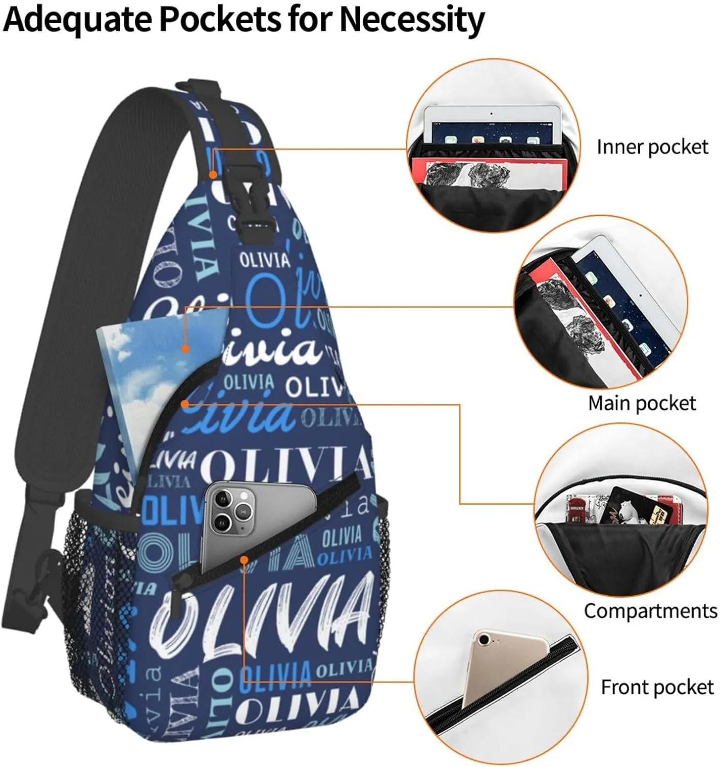 Blue Custom Sling Bag for Women Men Personalized Crossbody Sling Backpack with Name Photo Text Image Customized Chest Bag for Outdoor Travel Sport Hiking Daypack