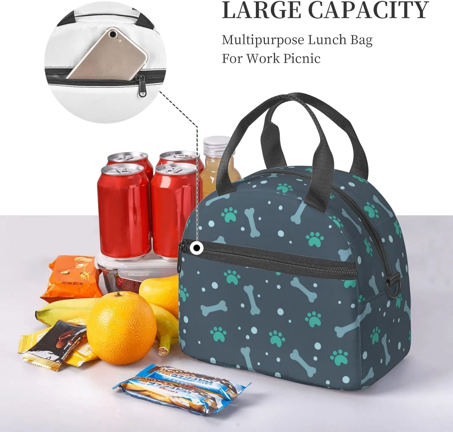 Bones And Dog Claws Print Crossbody Insulated Lunch Bags For Women Men Cooler Bag Lightweight Waterproof Lunch Box