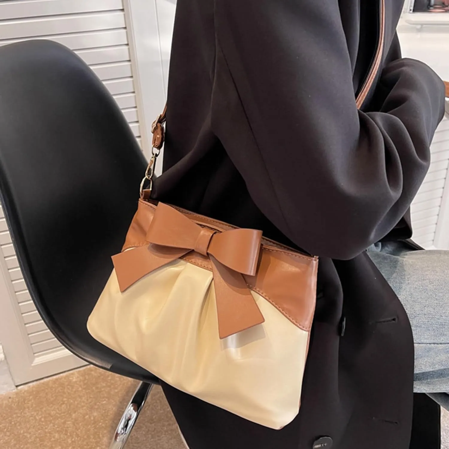 Bow Clutch Evening Handbag Purse for Women Bridal Soft Leather Ruched Crossbody Bags Shoulder Bag