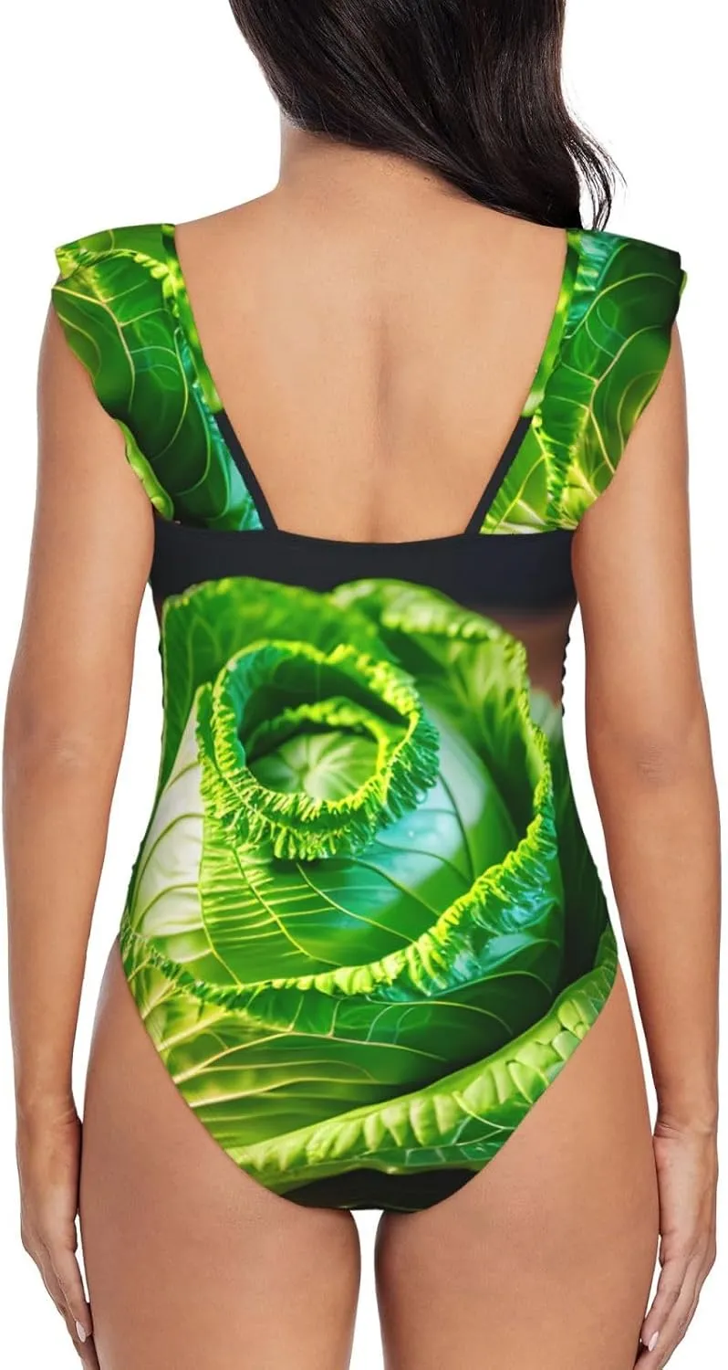 Bright Cabbage Women's Ruffle One Piece Swimsuits Tummy Control Bathing Suit Sexy V Neck Swimwear Adjustable Straps