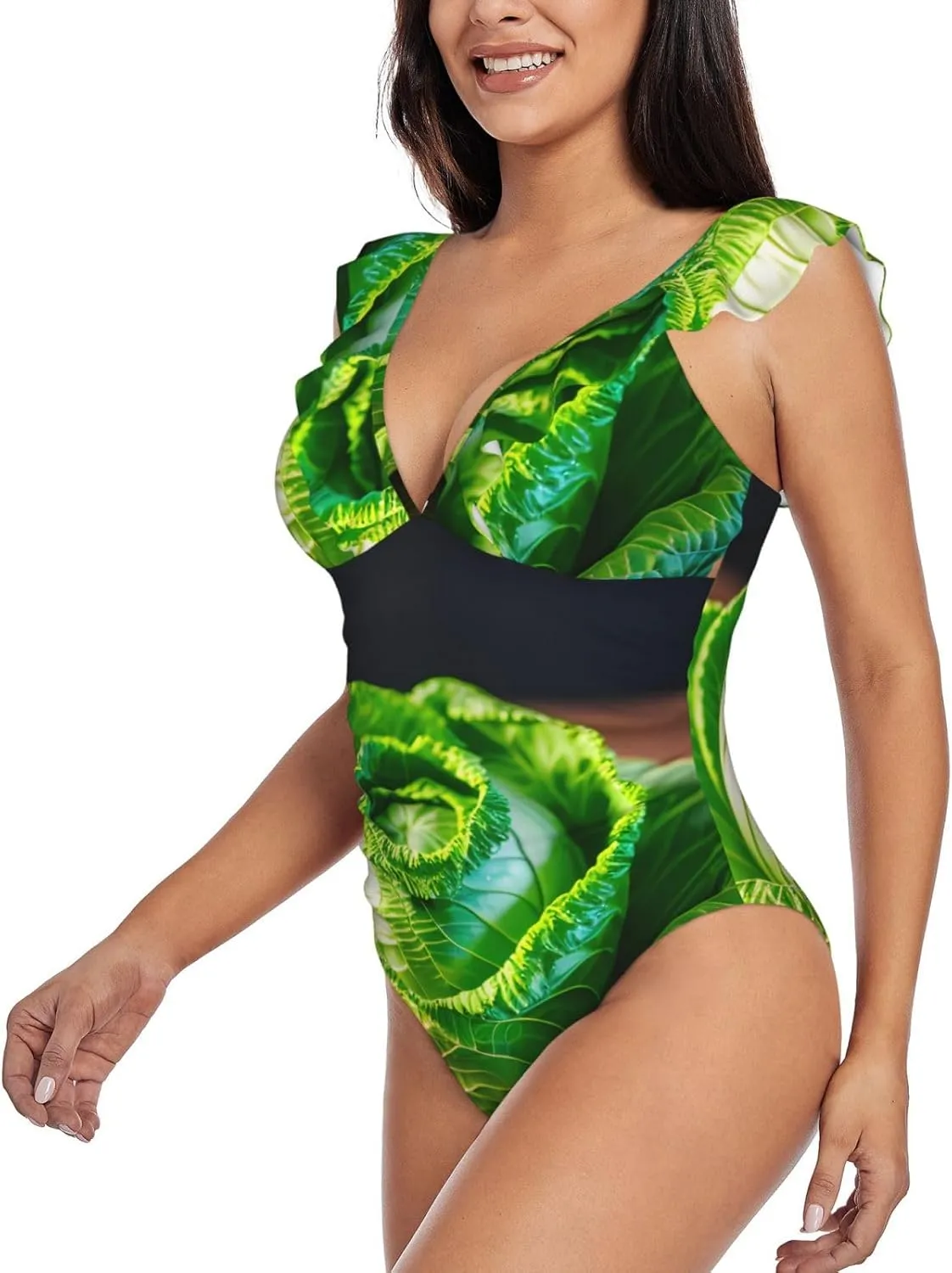 Bright Cabbage Women's Ruffle One Piece Swimsuits Tummy Control Bathing Suit Sexy V Neck Swimwear Adjustable Straps