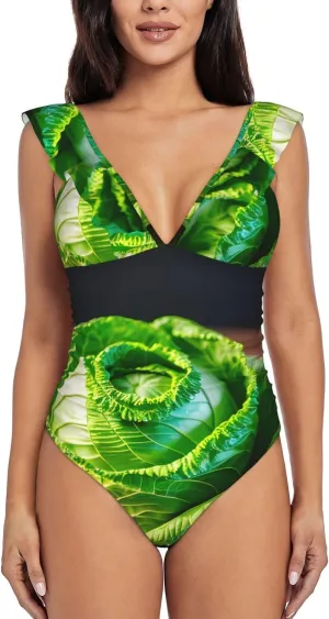 Bright Cabbage Women's Ruffle One Piece Swimsuits Tummy Control Bathing Suit Sexy V Neck Swimwear Adjustable Straps