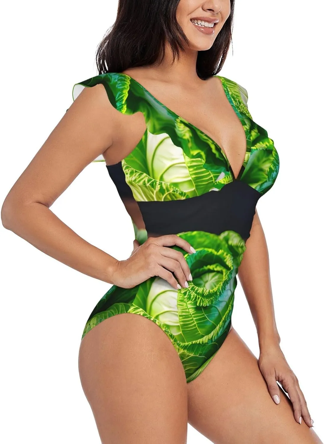 Bright Cabbage Women's Ruffle One Piece Swimsuits Tummy Control Bathing Suit Sexy V Neck Swimwear Adjustable Straps