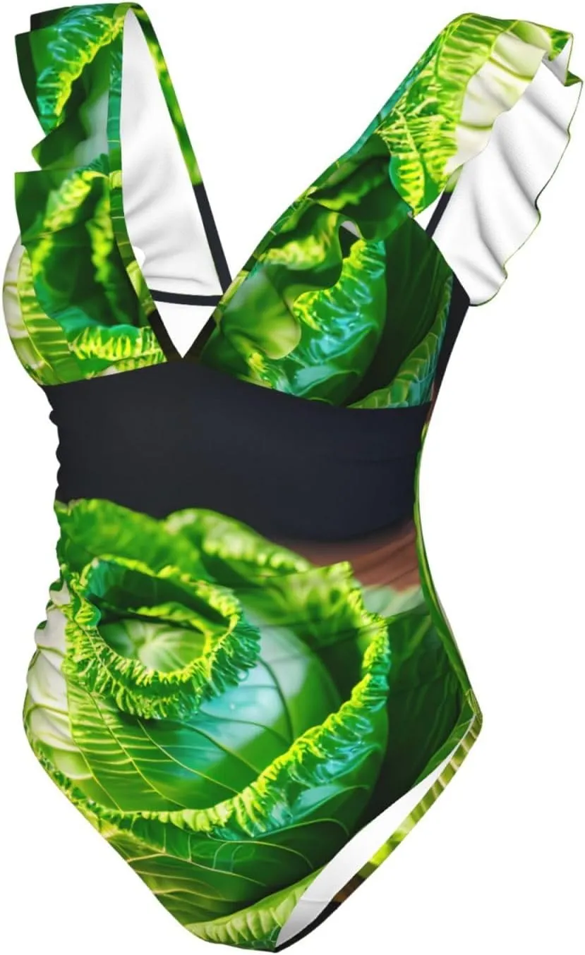 Bright Cabbage Women's Ruffle One Piece Swimsuits Tummy Control Bathing Suit Sexy V Neck Swimwear Adjustable Straps