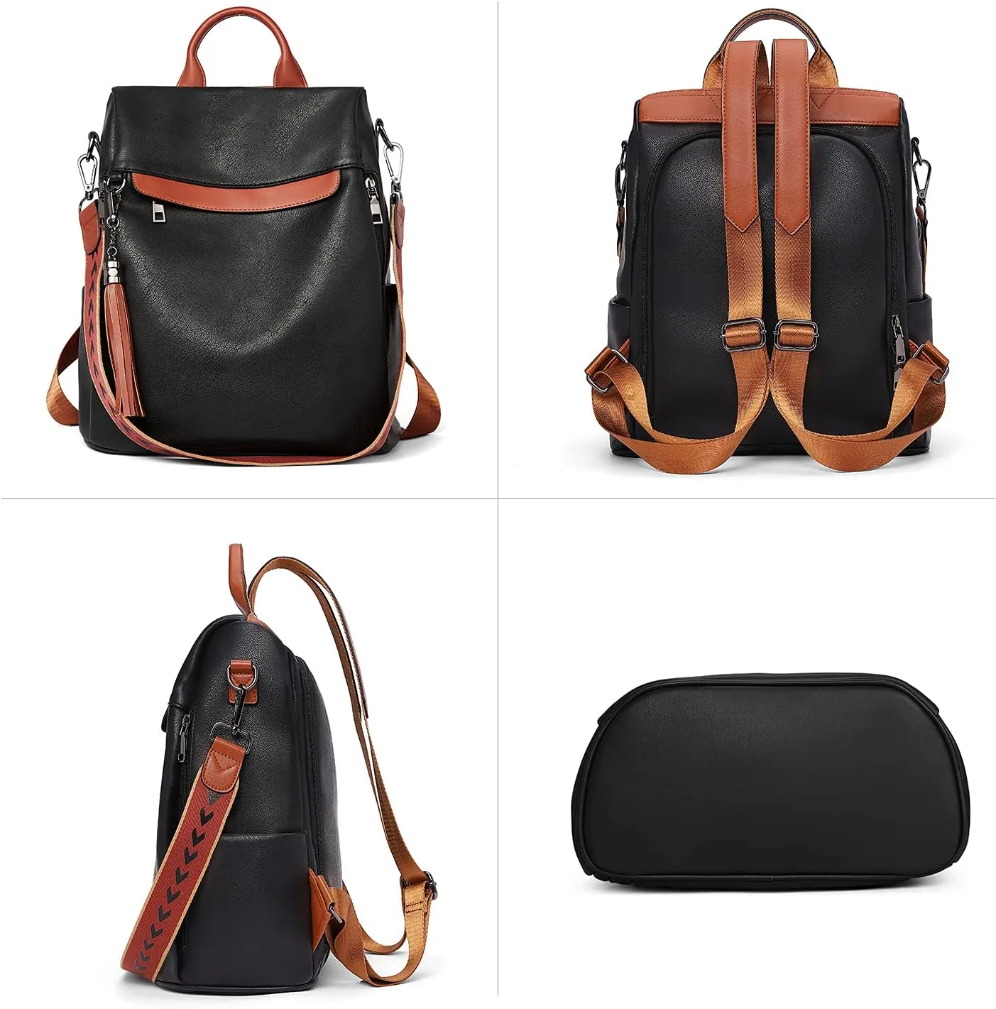 BROMEN Backpack Purse for Women Leather Anti-theft Travel Fashion Shoulder Bag Contrast Black